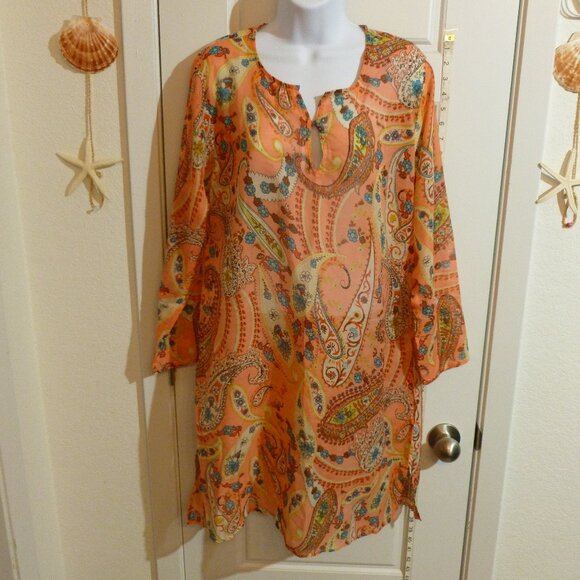 Peachy Paisley Print Sheer 3/4 Sleeve Cover Up Maxi Dress - Picture 1 of 16